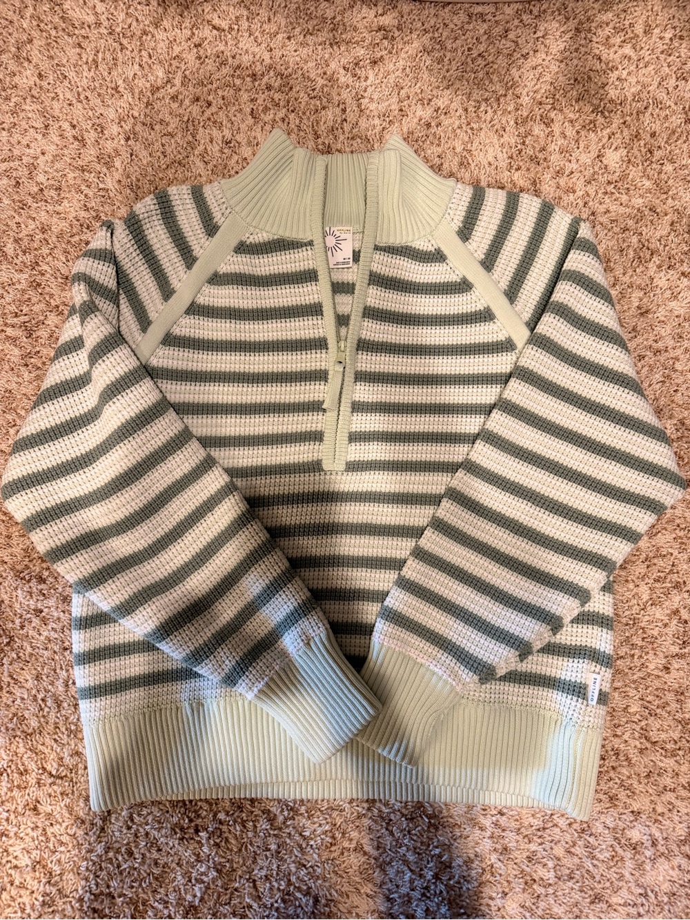 Aerie Offline Striped Half-Zip Sweater in Sage and Cream